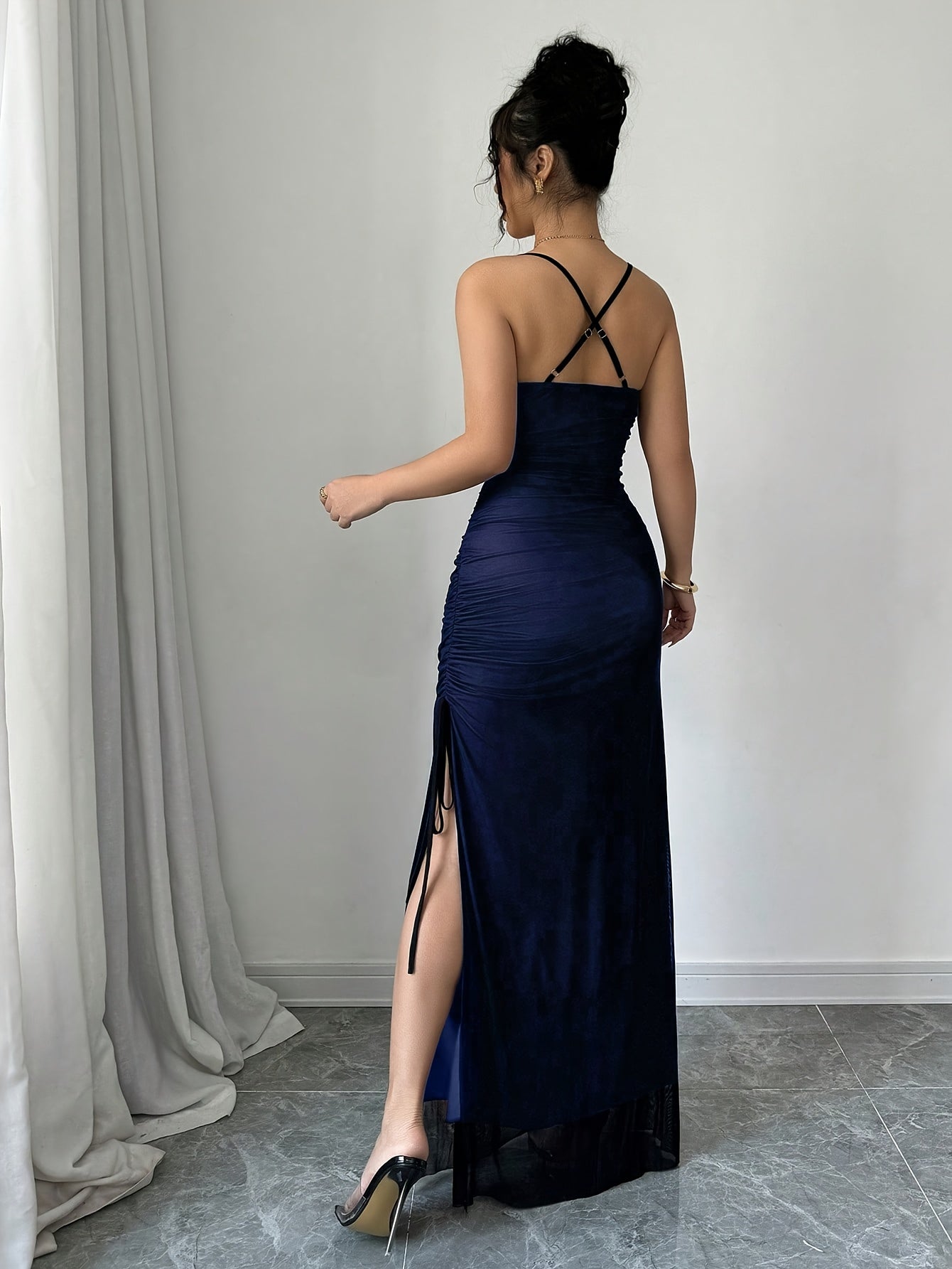 [Elegant Bodycon Dress] Elegant High-Stretch Mesh Bodycon Dress | Women's Adjustable Backless Long Sleeveless Party Dress, Machine Washable All-Season Formal & Casual Wear, Versatile Fashion, Double Mesh Detail, Solid Color