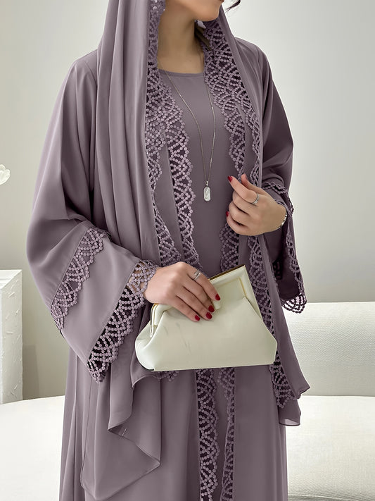 [2pcs Muslim Kaftan] 2pcs Muslim Kaftan Set with Lace Trim | Plus Sleeveless Vest Skirt, Headscarf, for Ramada, Muslim Fashion