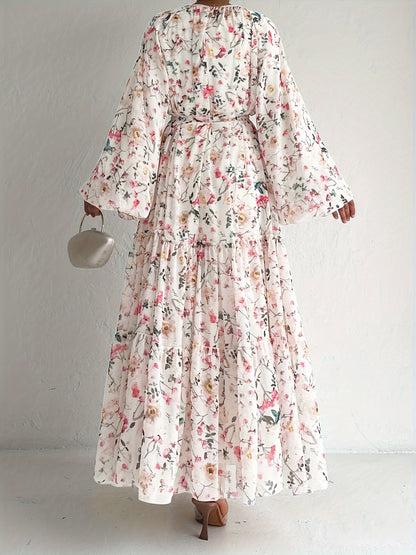 Women’s Floral Maxi Kaftan Dress – Long Sleeve, Crew Neck, Versatile