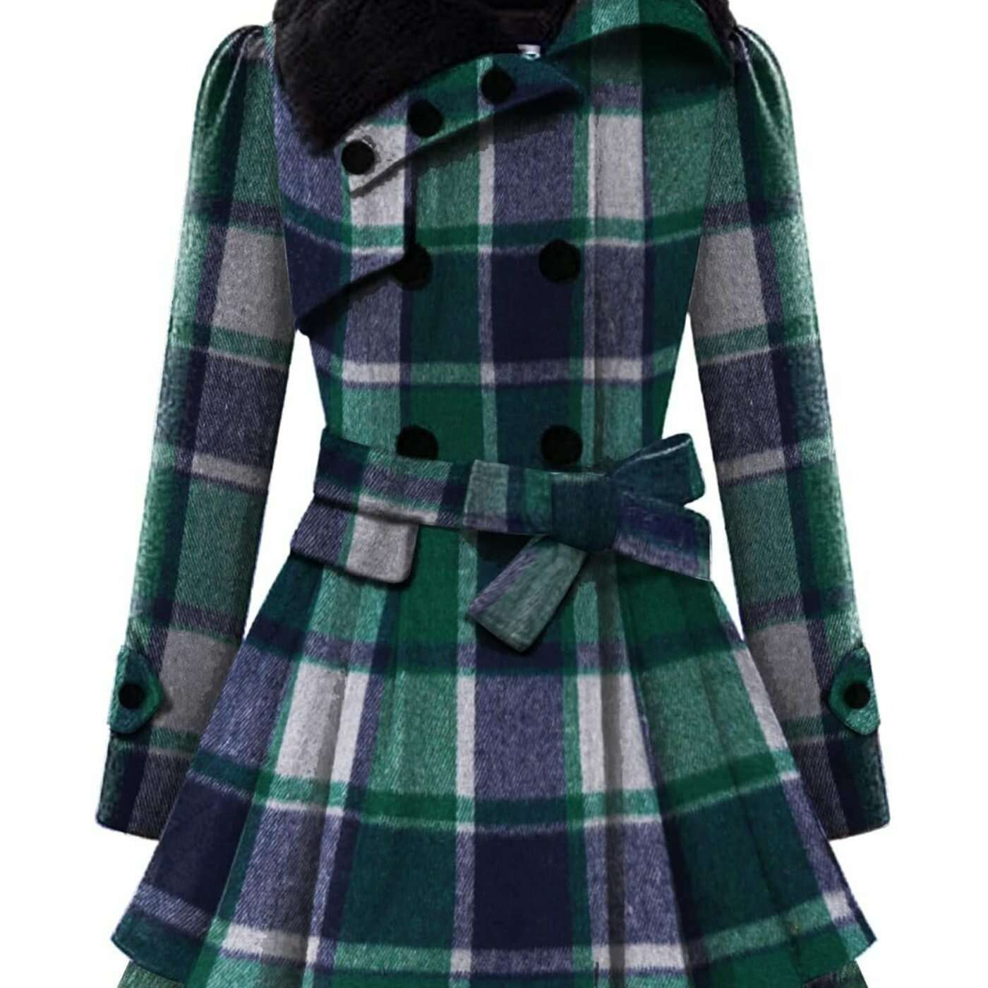 Women's Winter Double-Breasted Pea Coat with Faux Fur