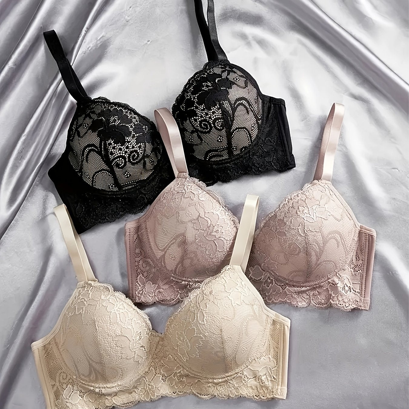 3pcs Solid Lace Underwire Bra, Sexy Comfy Push Up Breathable Bra, Women'S Lingerie & Underwear