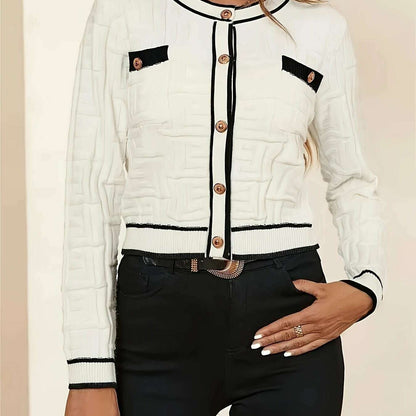 Chic Geometric Print Long Sleeve Cropped Cardigan with Contrast Details