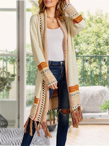 Women Boho Cardigan Sweater Long Open Front Maxi Knit Sweaters Aztec Tribal Tassel Fringe Thin Coat