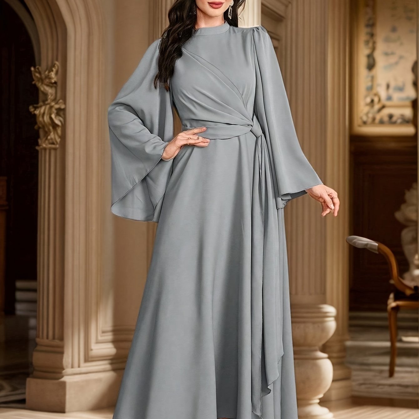 [Muslin Ramadan Dress] Ramadan Women's Evening Dress, Muslin Arabic Gown with Long Flared Sleeves, Stand Collar, Side Embellishments