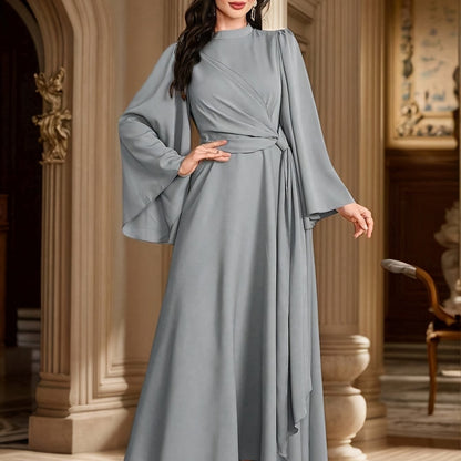 [Muslin Ramadan Dress] Ramadan Women's Evening Dress, Muslin Arabic Gown with Long Flared Sleeves, Stand Collar, Side Embellishments
