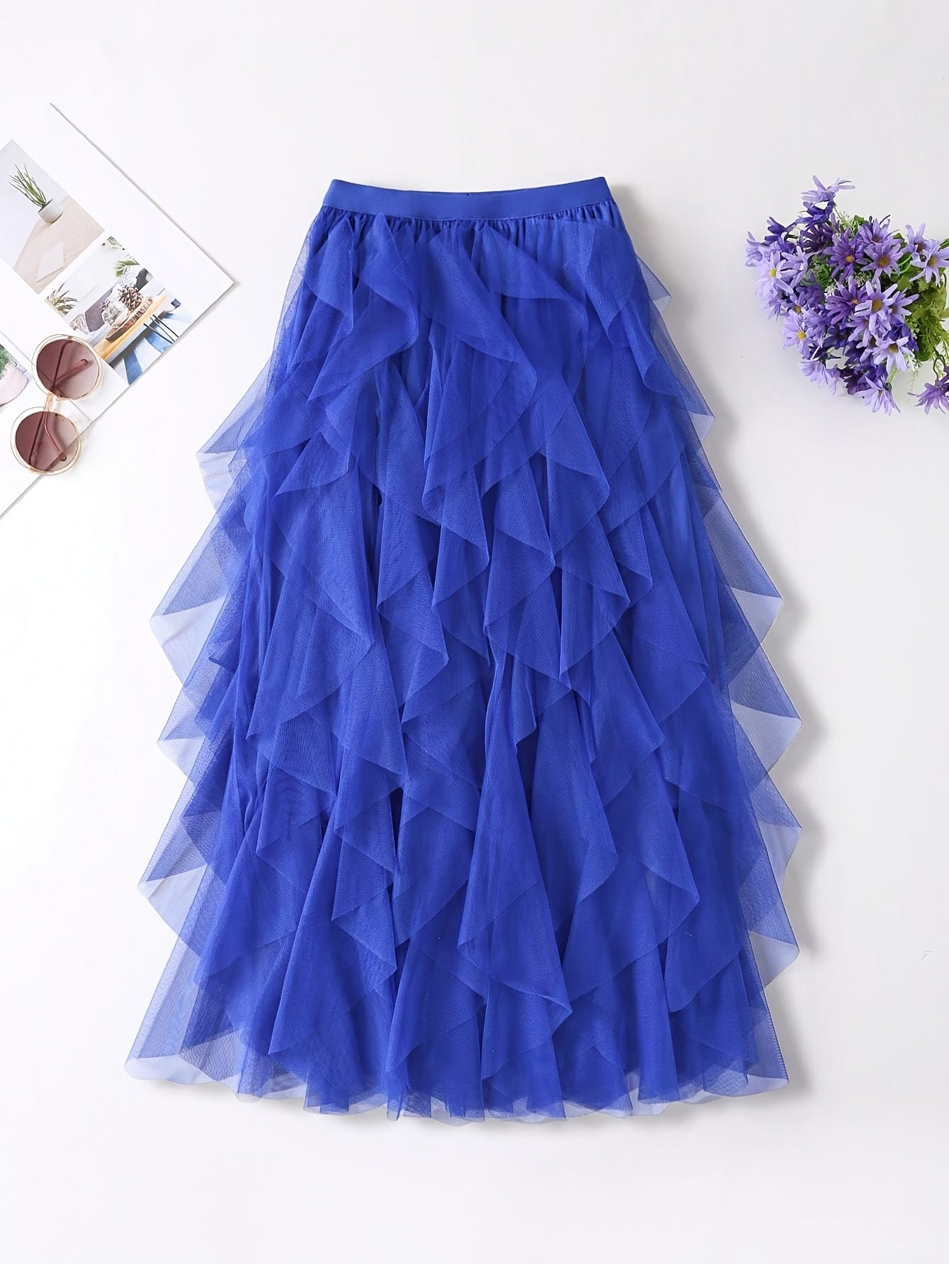 Chic Elegance, Elegant High-Waist A-Line Tulle Skirt for Women - Chic Korean-Style Spring Collection, Sheer Brown Polyester with Delicate Mesh Layers, Perfect for Summer Skirt