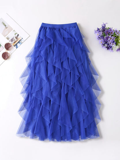 Chic Elegance, Elegant High-Waist A-Line Tulle Skirt for Women - Chic Korean-Style Spring Collection, Sheer Brown Polyester with Delicate Mesh Layers, Perfect for Summer Skirt