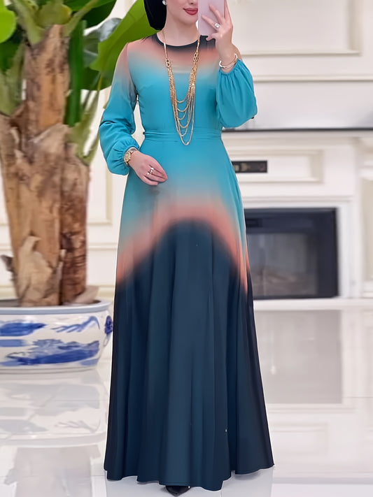 Women's Middle Eastern Muslim Abaya Kaftan Dress - Teal to Orange Gradient Long Sleeve Long Dress, Machine Washable All-Season Modest Traditional Attire for Casual & Formal Occasions, Muslim Dress, Special Occasion Wear, Flow