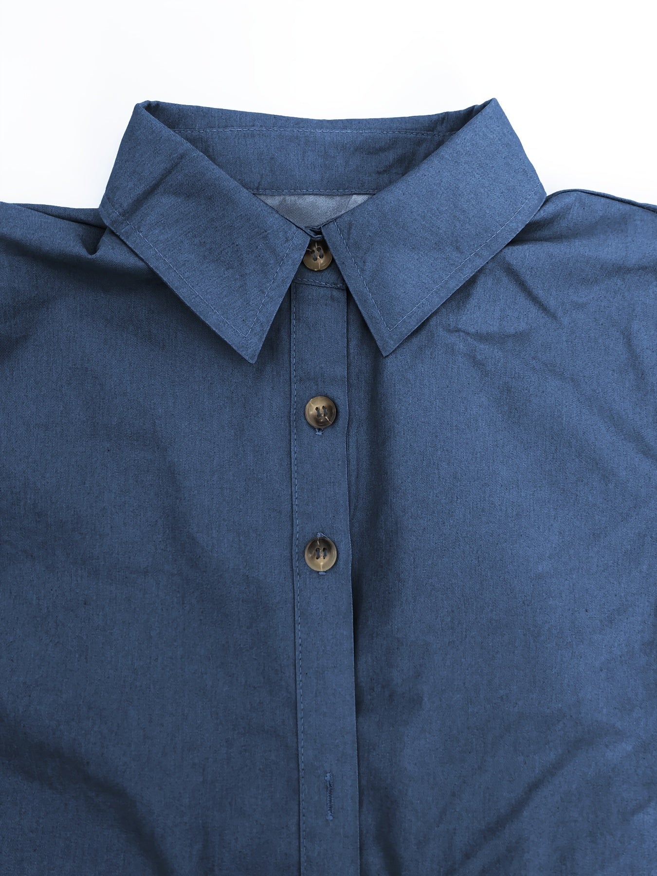 [Stylish Dress] Stylish Blue Women's Button-Up Dress | Long Sleeve, Ruffle Detail, Front Pocket, Drawstring Waist, Casual, All-Season - (Headscarf Not Included)