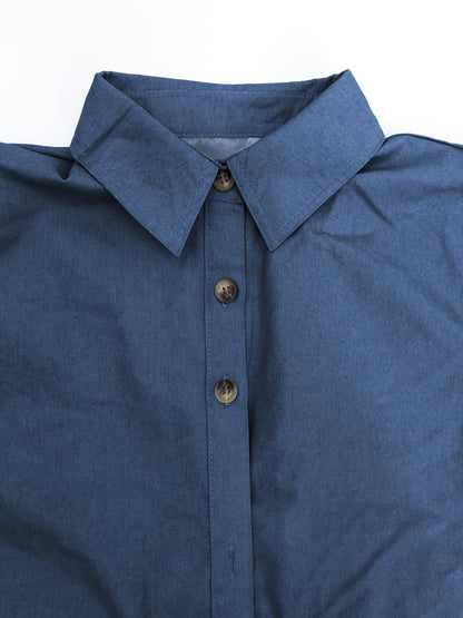 [Stylish Dress] Stylish Blue Women's Button-Up Dress | Long Sleeve, Ruffle Detail, Front Pocket, Drawstring Waist, Casual, All-Season - (Headscarf Not Included)