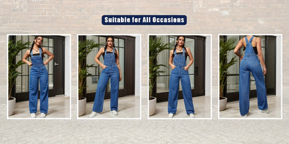 Women's Denim Overalls Jumpsuit - Loose Fit Long Romper with Pocket & Side Pockets, Adjustable Shoulder Straps & Belt Loop Waist, Sleeveless Solid Color Casual Chic Outfit for All Seasons, Versatile Clothing, Secure Button Cl
