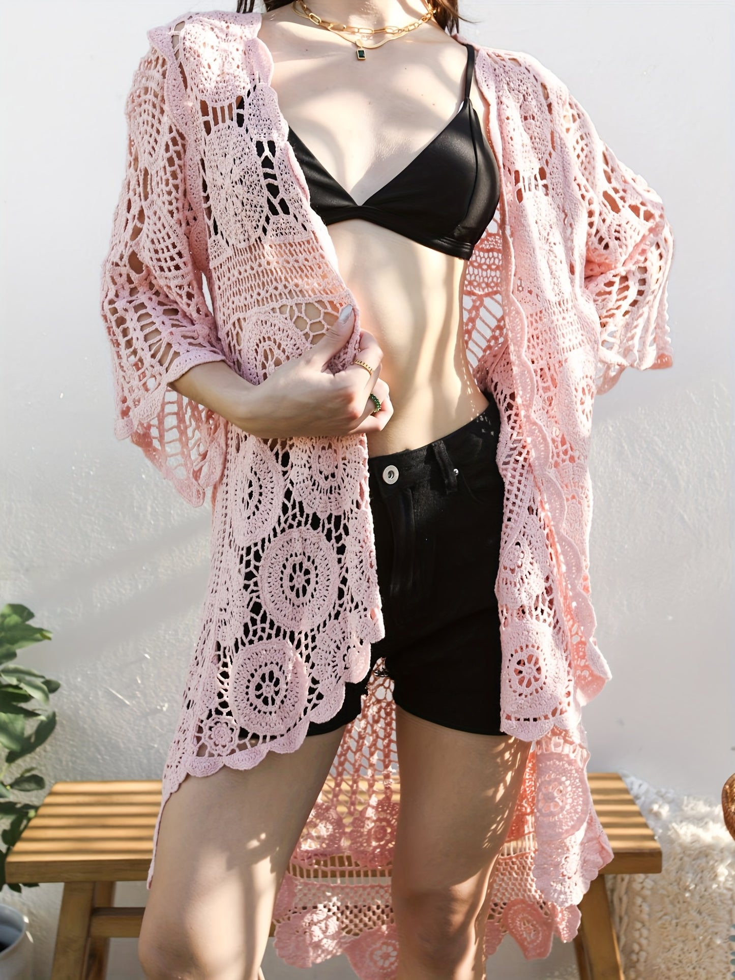 [Boho Crochet Cardigan] Boho Crochet Duster Cover for Women | Black & White Contrast Mesh Design, Open Front Summer Cardigan, Versatile Layering Piece, Casual or Stylish Outfits