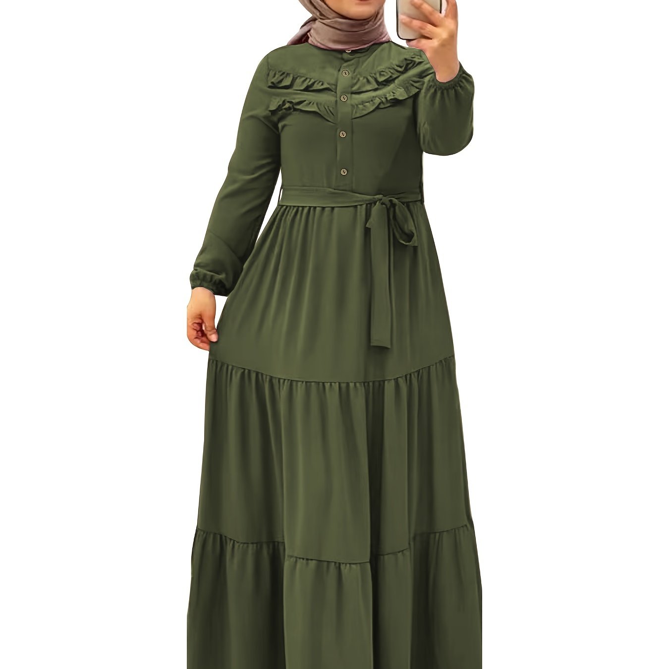 [Light Green Maxi Dress] Casual Light Green Polyester Maxi Dress - Elegant Solid Color with Ruffle Hem & Button Detail, Machine Washable - Hijab Not Included