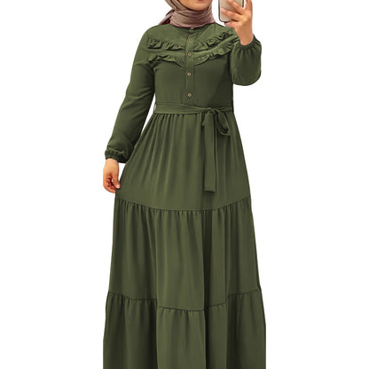 [Light Green Maxi Dress] Casual Light Green Polyester Maxi Dress - Elegant Solid Color with Ruffle Hem & Button Detail, Machine Washable - Hijab Not Included
