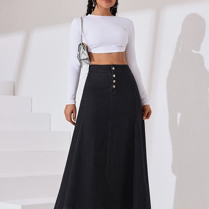 Women's Stretch Denim Midi Swing Dress with Elastic Front Buckle Closure - Streetwear Style Regular Fit Long Flowy Skirt, Machine Washable for Spring Summer Fall Casual Outfits, Seasonal Fashion, Elegant Texture