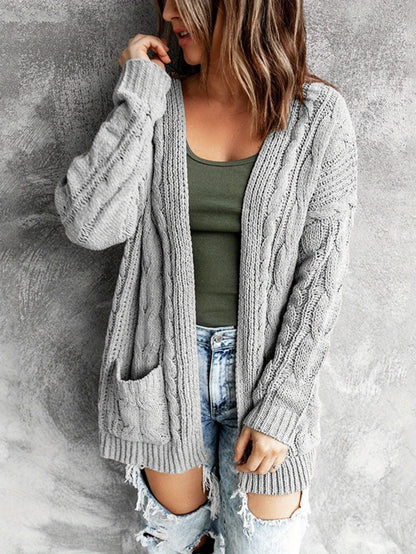 Women'S Elegant Cable Cardigan - Open Front Sweater with Side Pockets, Soft Sweater for Fall/Winter, Office, Party, Everyday Outfits - Women'S Sweater, Ladies Sweaters, Fall Wardrobe, Classic Knitwear, Cozy Material, Versatil