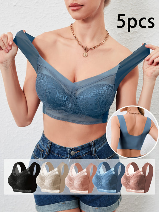 [Comfortable Wireless Bras] 5pcs Women's Comfortable & Breathable Contrast Lace Wireless Bras | Push-Up Lingerie with Floral Patterns, Non-Removable Pads, Medium Support, Nylon/Polyester Blend, Assorted Colors (Sea Blue, Beig