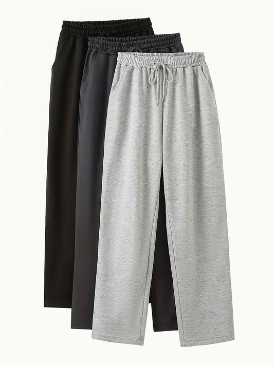 3pcs Set Of Women'S High-waisted Casual Joggers With Drawstring Waist And Elastic Cuffs - Lightweight Spring And Autumn Home Pants, Side Pockets, Machine Washable (black, Brown, Olive Green), Breathable Fabric, Opaque Materia