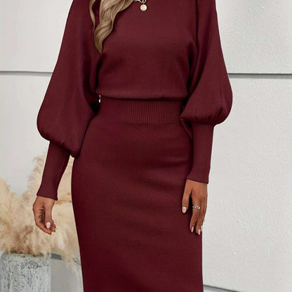 Autumn & Winter Solid Color Lantern Sleeve Sweater Dress