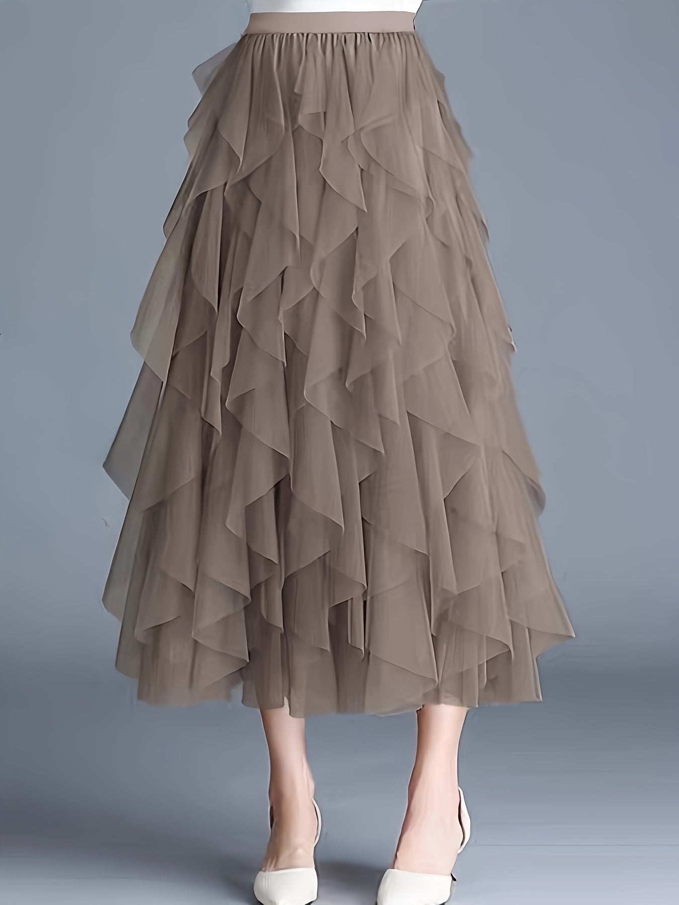 Chic Elegance, Elegant High-Waist A-Line Tulle Skirt for Women - Chic Korean-Style Spring Collection, Sheer Brown Polyester with Delicate Mesh Layers, Perfect for Summer Skirt