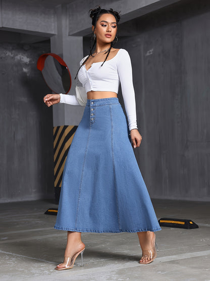 Women's Stretch Denim Midi Swing Dress with Elastic Front Buckle Closure - Streetwear Style Regular Fit Long Flowy Skirt, Machine Washable for Spring Summer Fall Casual Outfits, Seasonal Fashion, Elegant Texture