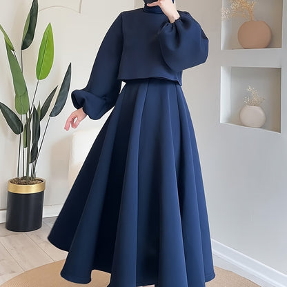 Chic Solid Color Skirt Set - Elegant Crew Neck Lantern Sleeve Top, Flowy Pleated Draped Midi Skirt, Comfortable Women's Clothing for Everyday Wear