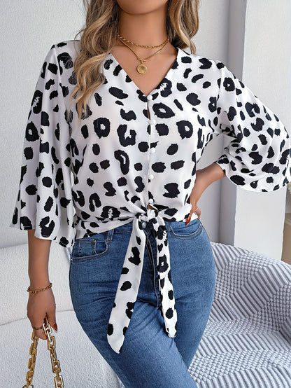[Leopard Print Tied Bow Top] Elegant Leopard Print Spring & Summer Casual Women's Tied Bow Top