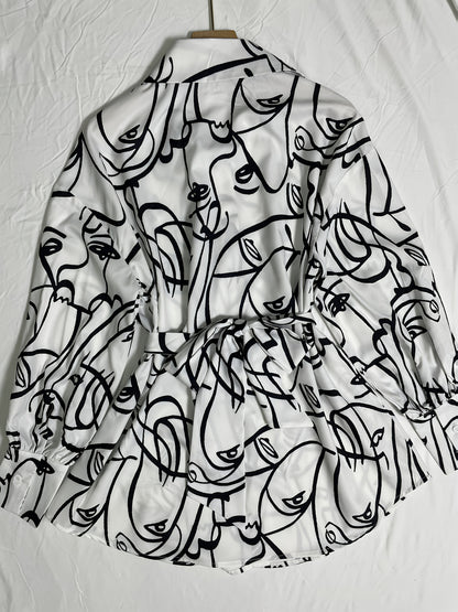 Loose Long-sleeved Casual Retro Style Women'S Top For Going Out; Fashionable Shirt With A Belt