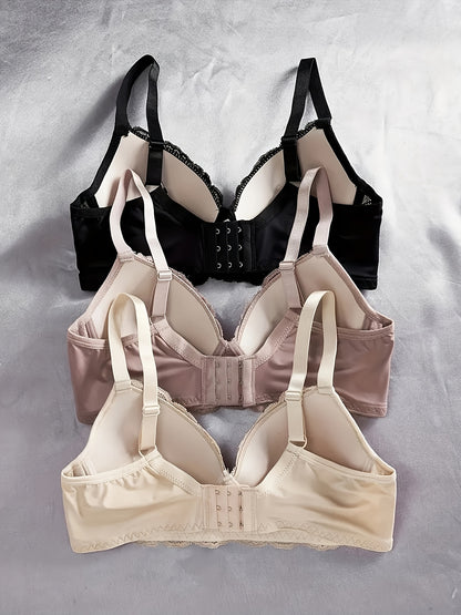 3pcs Solid Lace Underwire Bra, Sexy Comfy Push Up Breathable Bra, Women'S Lingerie & Underwear