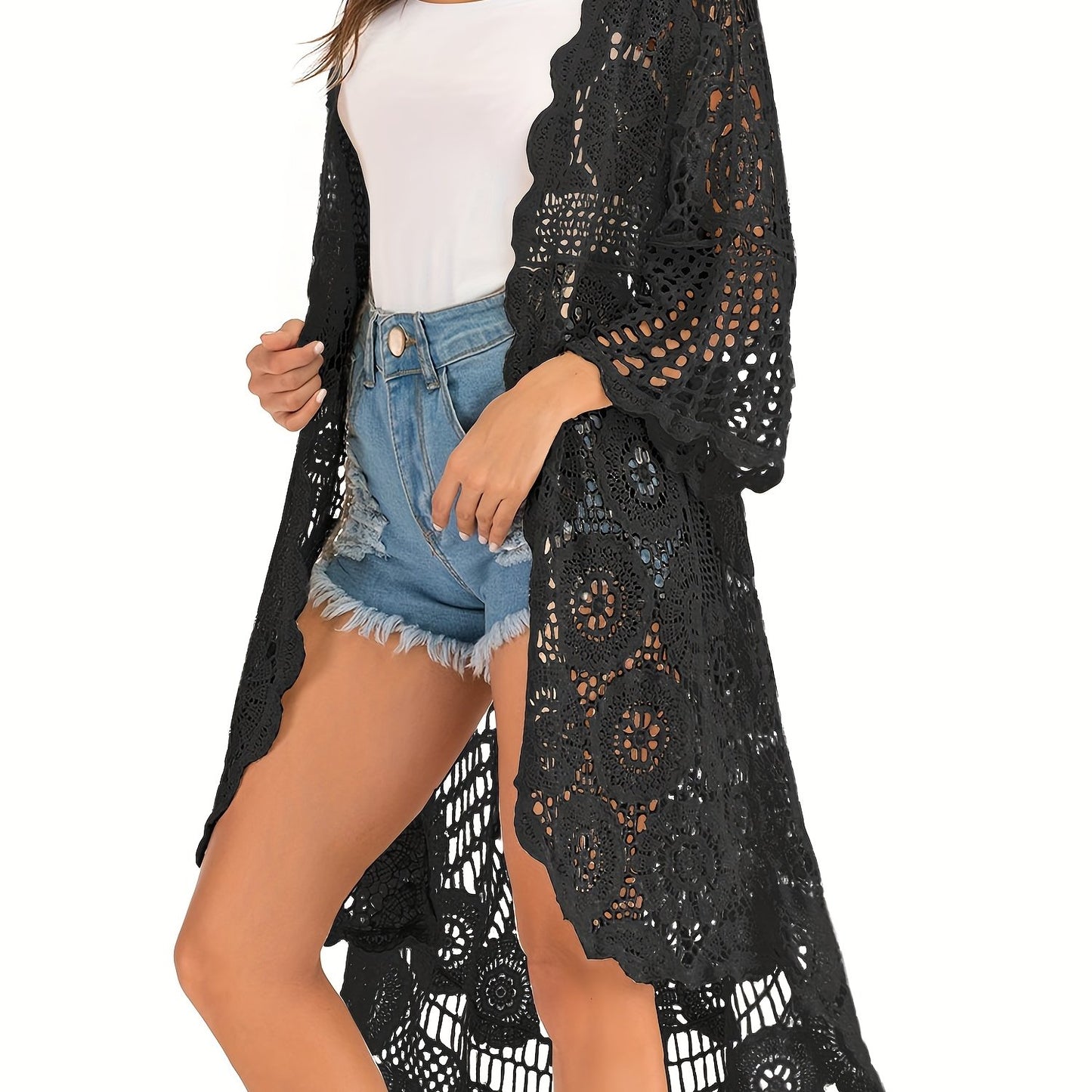 [Boho Crochet Cardigan] Boho Crochet Duster Cover for Women | Black & White Contrast Mesh Design, Open Front Summer Cardigan, Versatile Layering Piece, Casual or Stylish Outfits