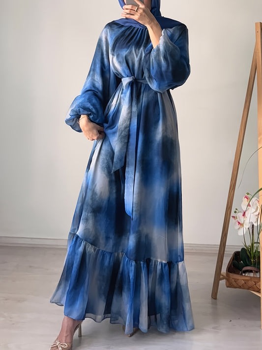 Elegant Long Dress with a Round Neck, Tie-Dye Design, And Waist Belt, Perfect for Casual Gatherings And Vacations in The Middle East for Muslim Women (Headscarf Not Included).