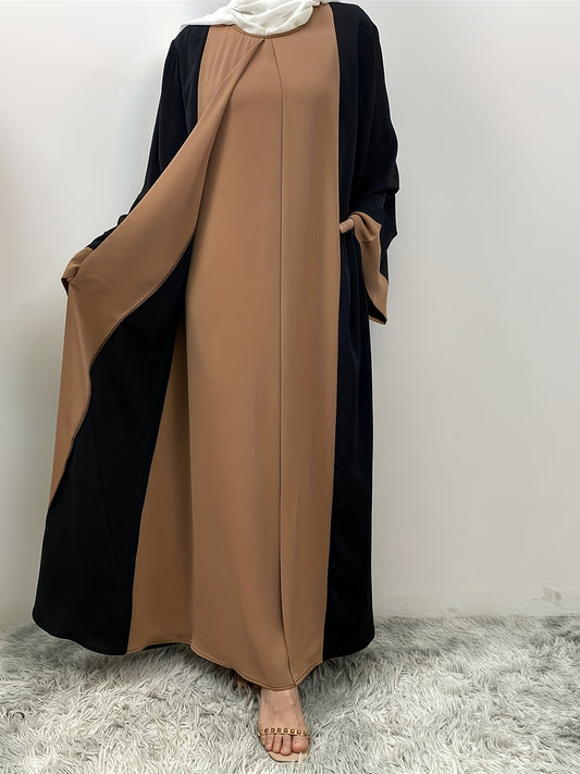 Elegant Abaya Faux Two Pieces Design, Solid Color, Long Sleeve, Kimono, Polyester, Woven, 160G/M², with Pocket, for Muslim, Spring/Fall