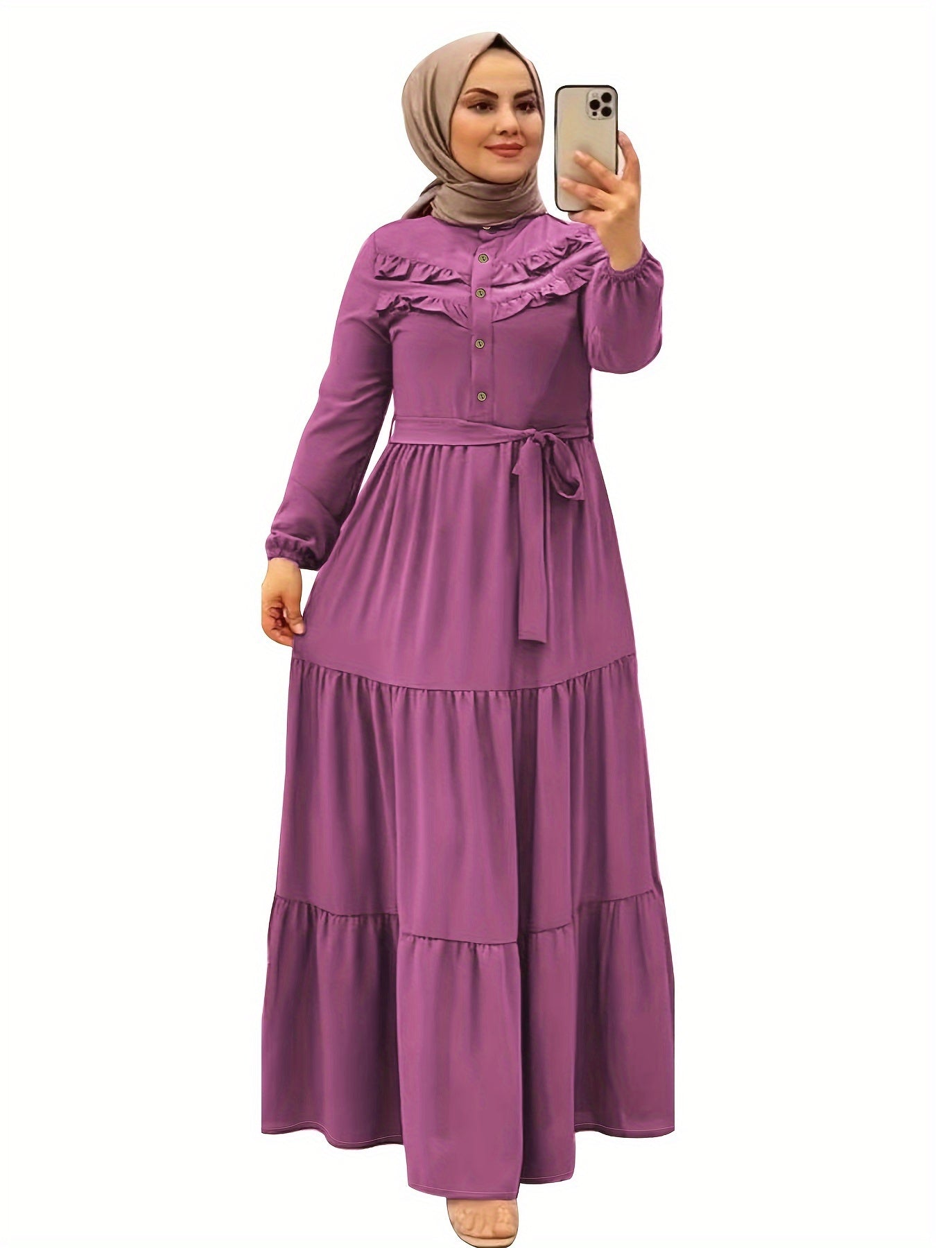 [Light Green Maxi Dress] Casual Light Green Polyester Maxi Dress - Elegant Solid Color with Ruffle Hem & Button Detail, Machine Washable - Hijab Not Included