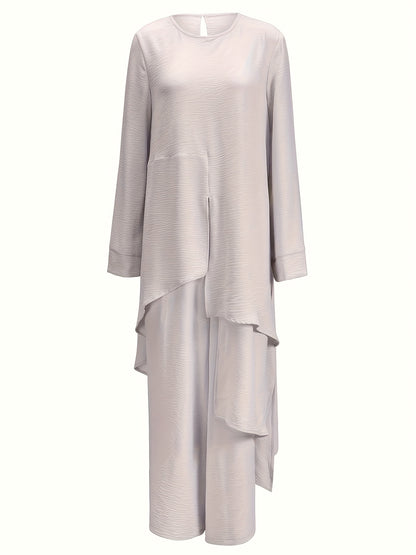 Muslim Women's Round Neck Abaya and Wide-Leg Pants Set, Middle Eastern Two-Piece Abayas with Round Neck