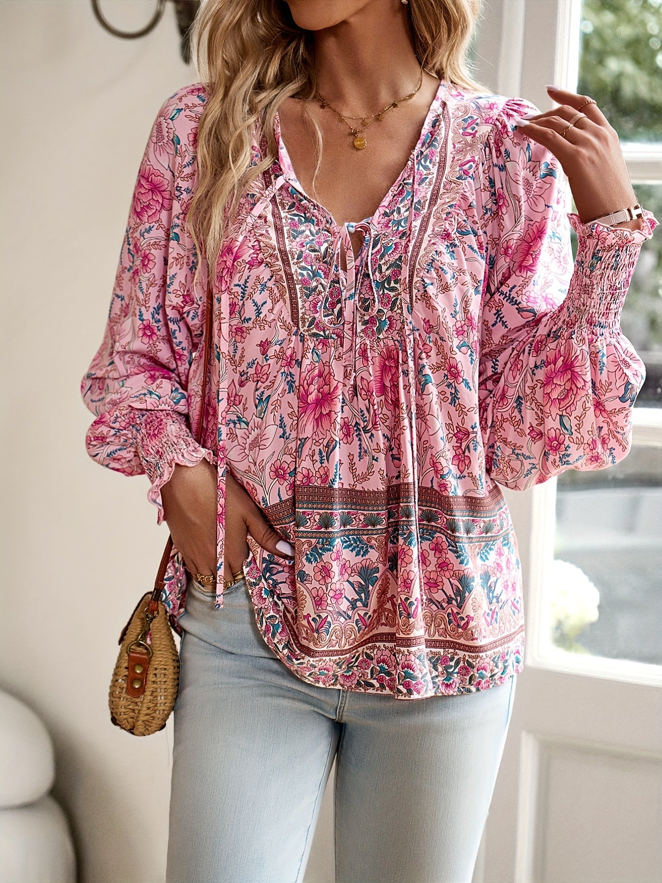 Floral Print V Neck Blouse, Casual Drawstring Long Sleeve Blouse For Spring & Fall, Women'S Clothing