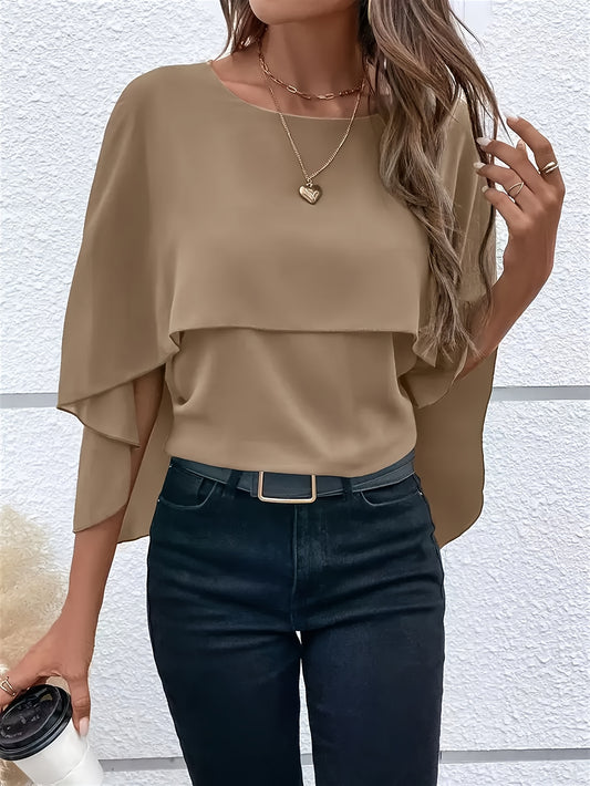 Solid Color Layered Cape Sleeve Shirt, Versatile Round Neck Shirt For Spring And Autumn, Women'S Clothing