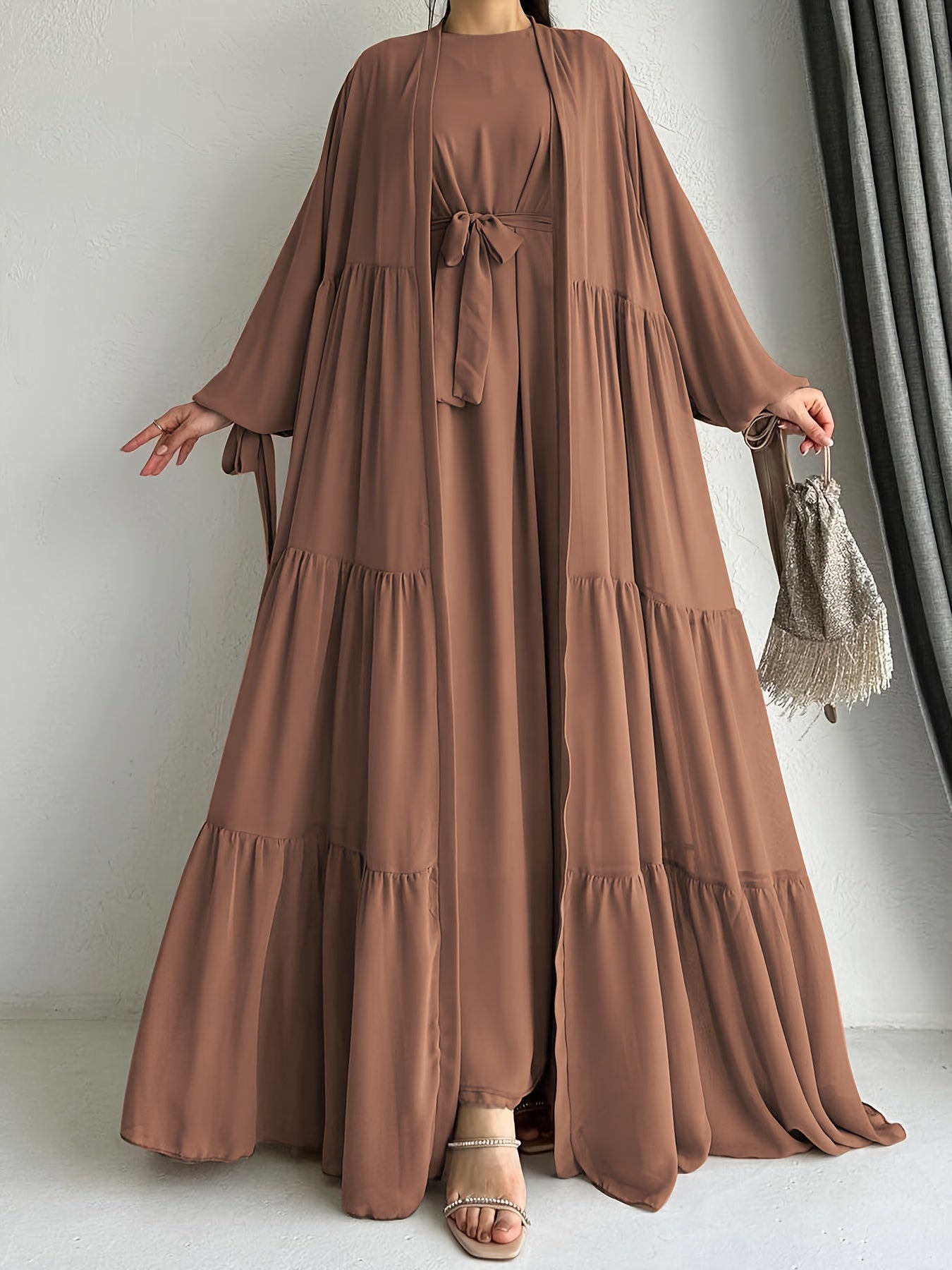 [Brown Abaya Dress] Modest Brown Abaya Dress with Cape Cover | Adjustable Waist Tie Belt, Machine Washable, Breathable Material, Hijabi Style, Casual Attire, Lightweight Fabric, All-Season Wear, Versatile Layering Piece, Flow