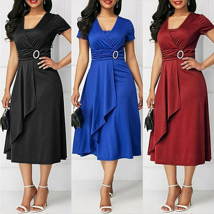 Plus Size Elegant V-Neck Belted Midi Dress with Flowy Hem