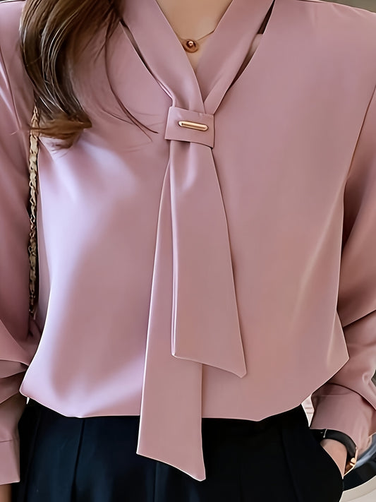 Solid Color Elegant Women's Long Sleeve Shirt with Bow Detail - Casual Chic Blouse for Casual Attire, All-Season Versatile Top, Ladies Blouses