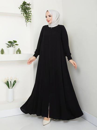 Women's Elegant Islamic Abaya Robe - Muslim Dress with Zipper Closure, Non-Stretchy Full Coverage Islamic Clothing for Everyday & Special Occasions - Modest Muslim Gown (Black) - Model 8322