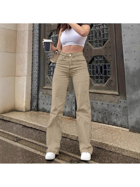 Women'S High-Waisted Straight-Leg Jeans - Stretch Denim with Pockets, Beige, Casual & Workplace Style, Mid-Rise, Flared Design, Perfect for Spring Commuting, High Waisted Jeans