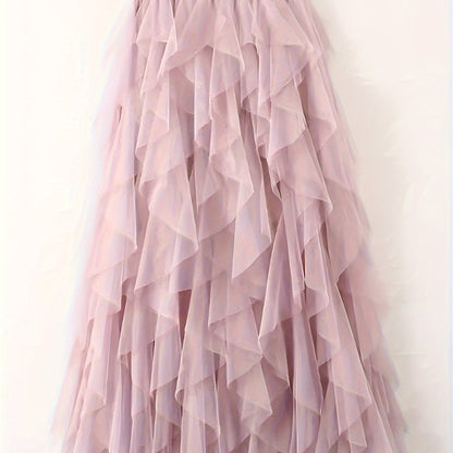 Chic Elegance, Elegant High-Waist A-Line Tulle Skirt for Women - Chic Korean-Style Spring Collection, Sheer Brown Polyester with Delicate Mesh Layers, Perfect for Summer Skirt