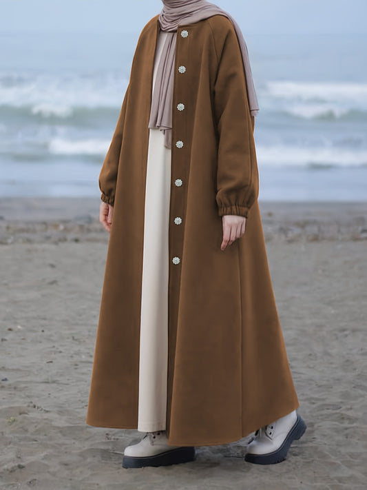 Elegant Women's Brown Hijab Hijab - Middle Eastern Style, Long Sleeve, Button-Up Maxi Kaftan Dress, Polyester & Spandex Blend, Machine Washable