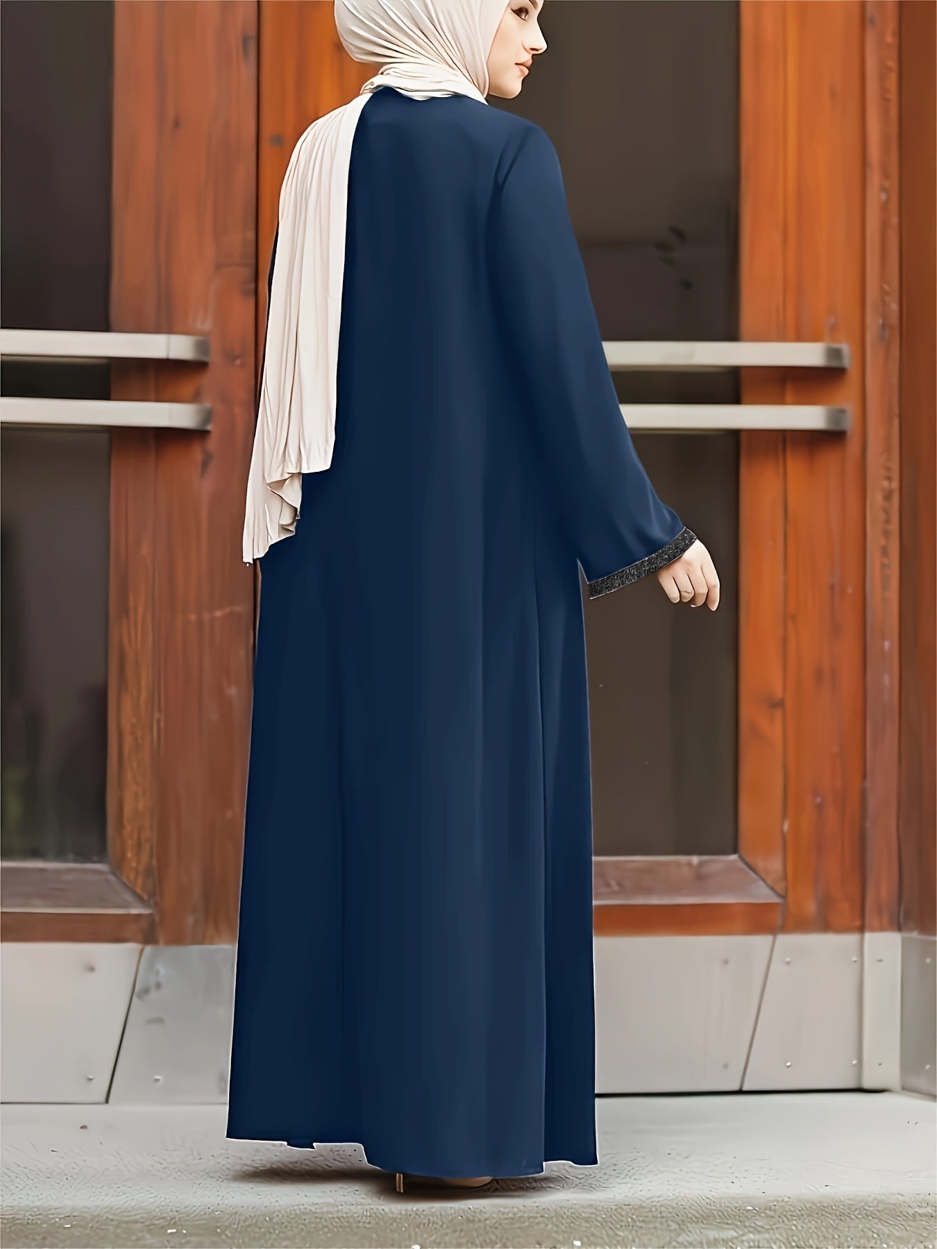 [Elegant Long Tassel Robe] Polyester Elegant Long Tassel Robe - Rhinestone Detail, Zip Closure, Machine Washable, Solid Color, Middle Eastern Style