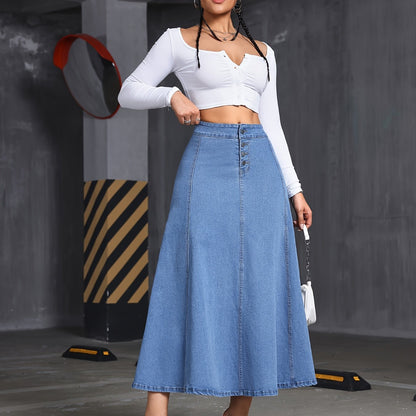 Women's Stretch Denim Midi Swing Dress with Elastic Front Buckle Closure - Streetwear Style Regular Fit Long Flowy Skirt, Machine Washable for Spring Summer Fall Casual Outfits, Seasonal Fashion, Elegant Texture