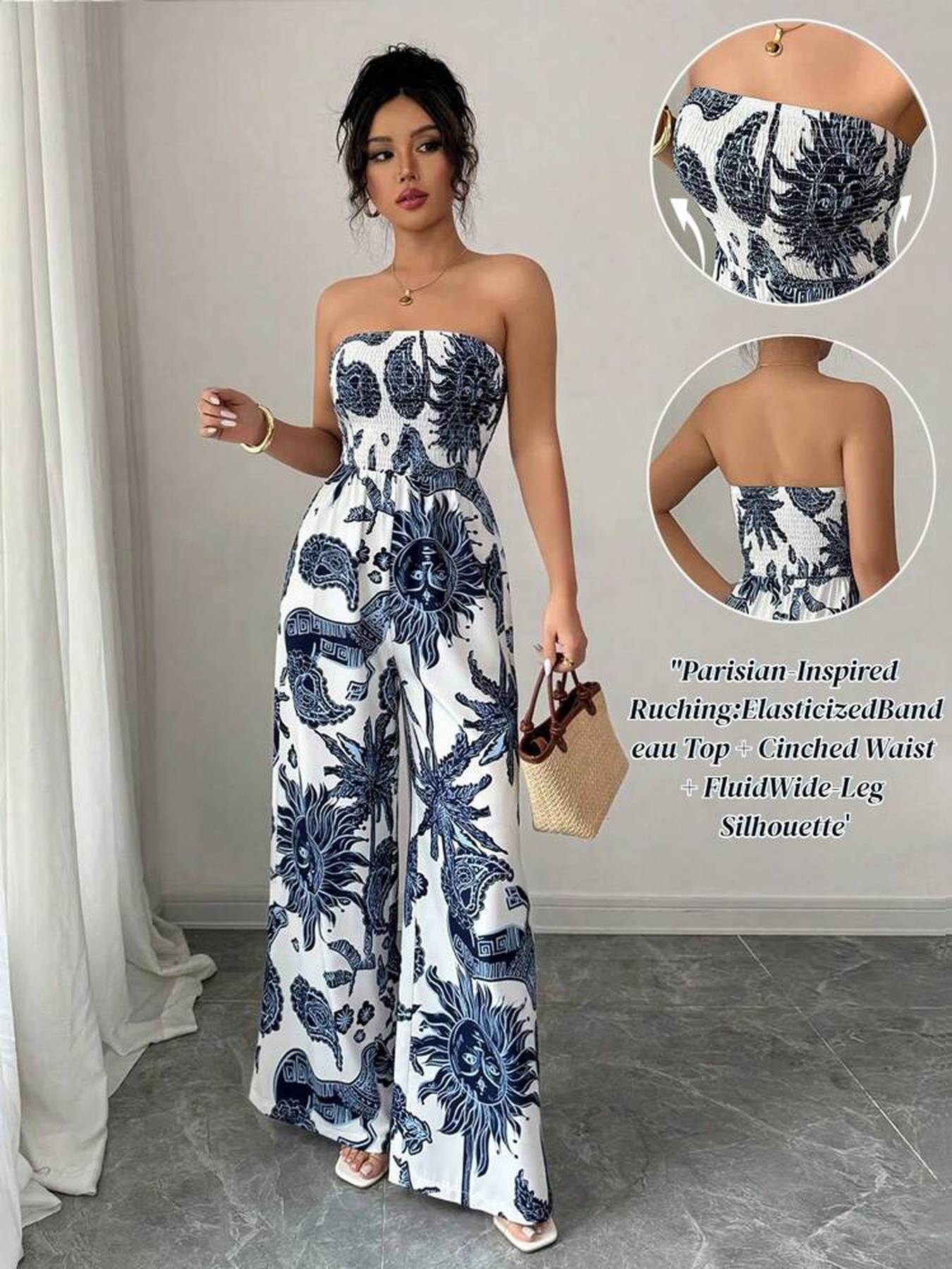 [Silklike Jumpsuit] Women's Lightweight Silklike Sleeveless Off-Shoulder Smocking Jumpsuit | Geometric Digital Print Wide-Leg Beachwear, Machine Washable Non-Stretch Fabric for Vacation & Casual Outings, Summer Outfit, Smooth