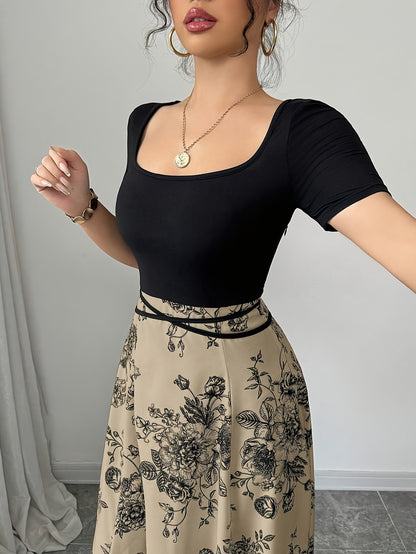 Retro Square Neck Short Sleeved Printed High Waisted And Stylish Elegant Dress
