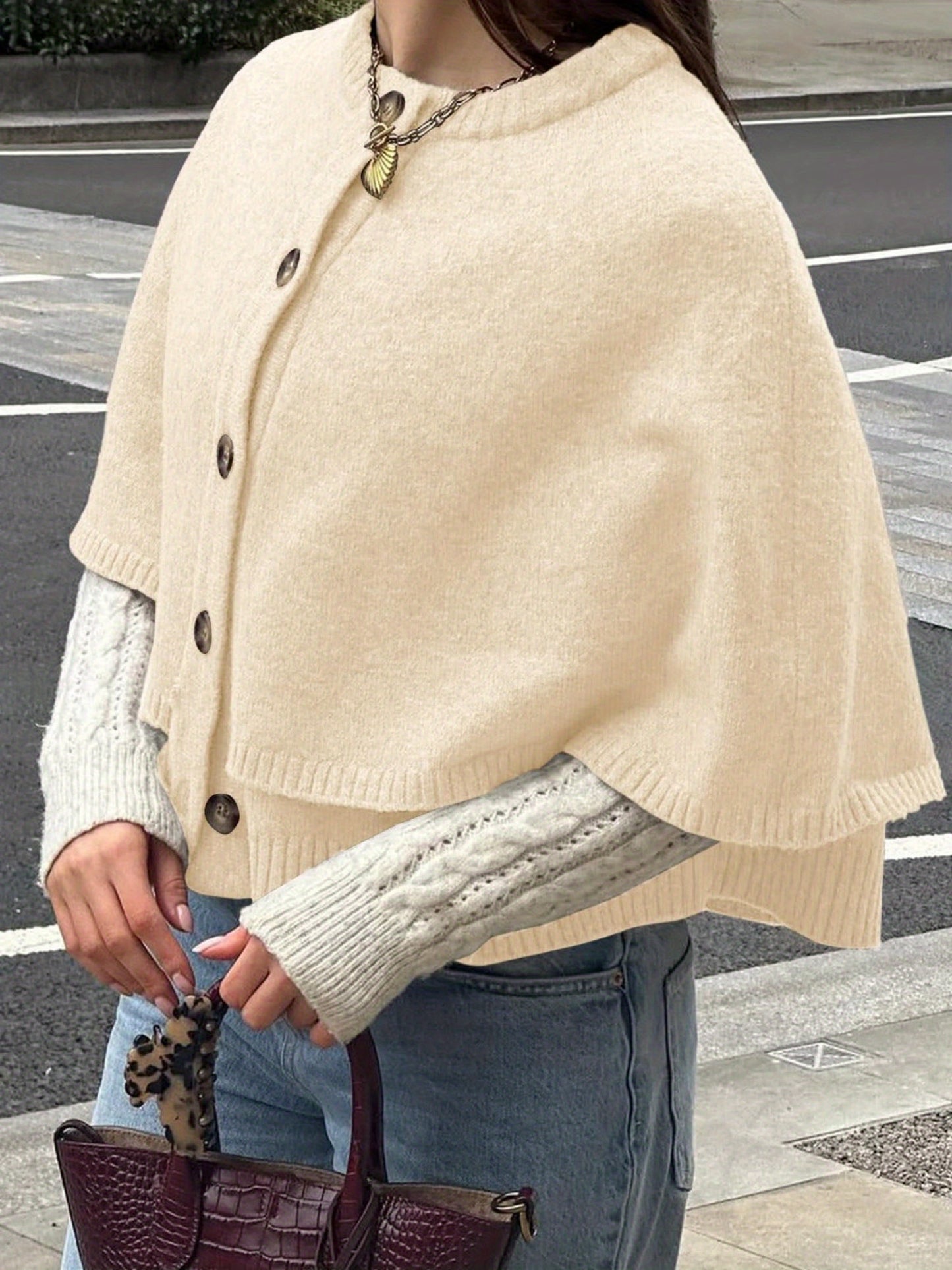 Women's Elegant Soft Pink Oversized Cape Cardigan - Fall Winter Sweater Coat with Button Front Closure, Long Sleeve Crew Neck & H-Line Silhouette, Medium Stretch for Casual to Formal Outfits