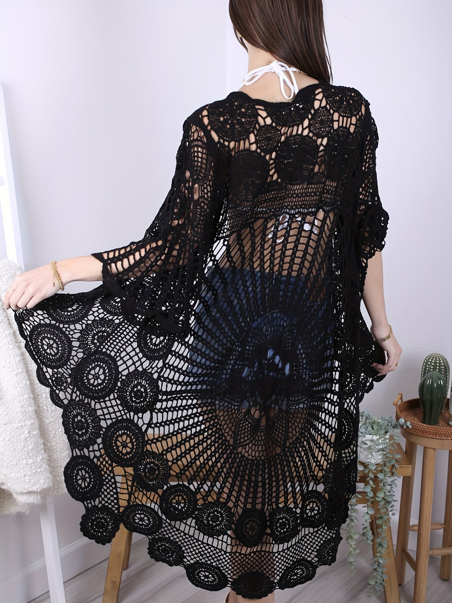 [Boho Crochet Cardigan] Boho Crochet Duster Cover for Women | Black & White Contrast Mesh Design, Open Front Summer Cardigan, Versatile Layering Piece, Casual or Stylish Outfits