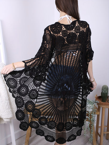 [Boho Crochet Cardigan] Boho Crochet Duster Cover for Women | Black & White Contrast Mesh Design, Open Front Summer Cardigan, Versatile Layering Piece, Casual or Stylish Outfits